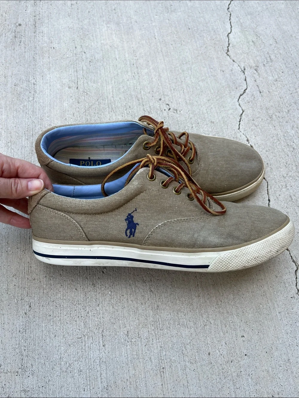 Polo Ralph Lauren Vaughn Men’s 9D Khaki Canvas Suede Leather Lace Sneakers